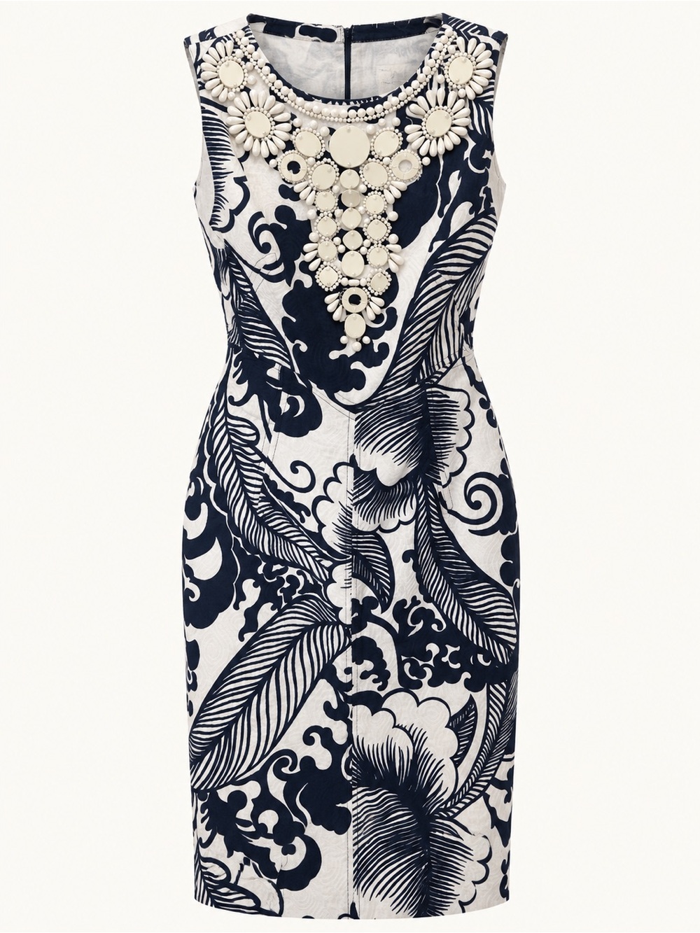 Milly Navy and White Floral Sheath Dress with Beaded Neckline